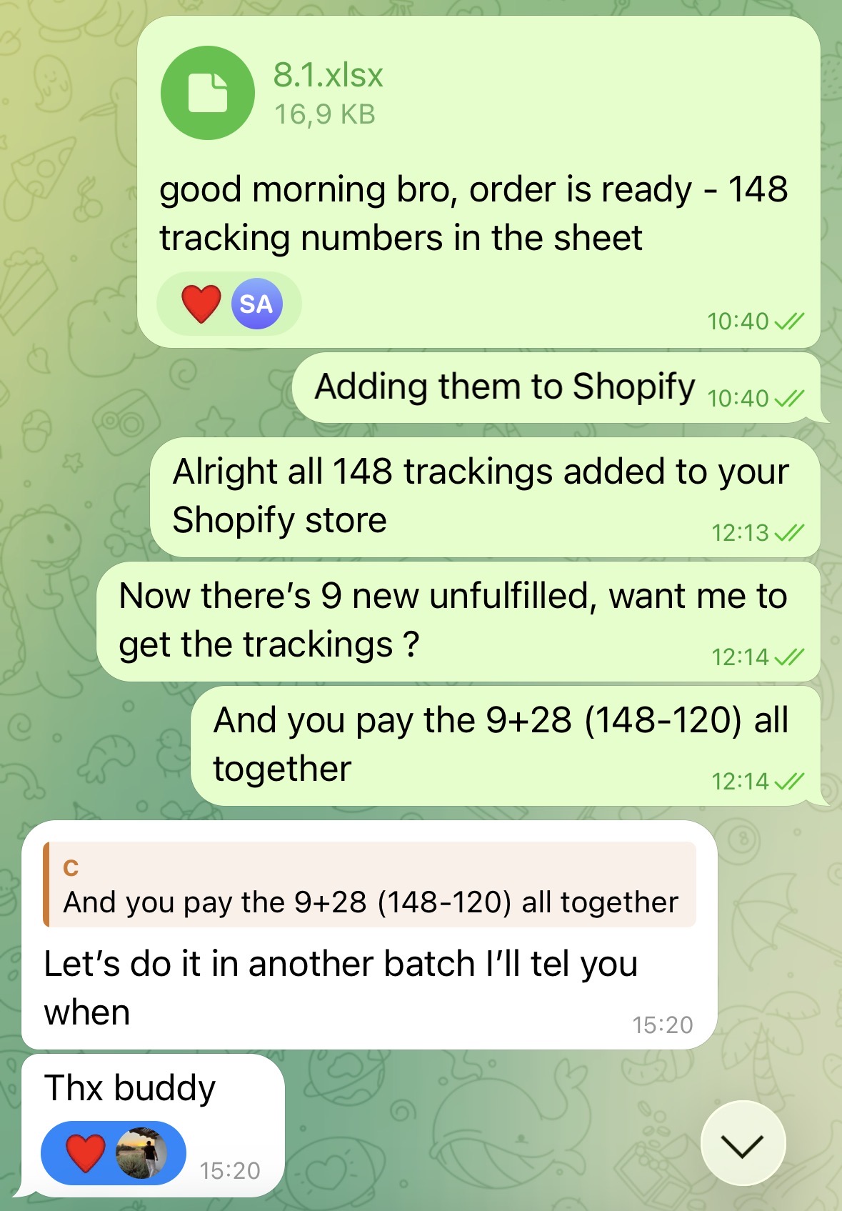 Telegram chat: 148 tracking numbers delivered and added to a Shopify store