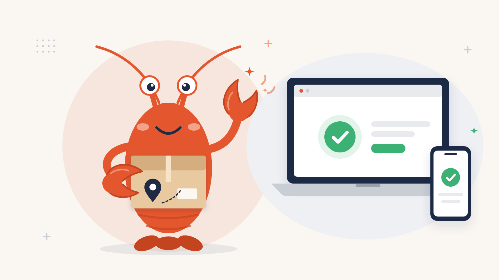 Lobster mascot holding a parcel next to a fulfilled order checkmark