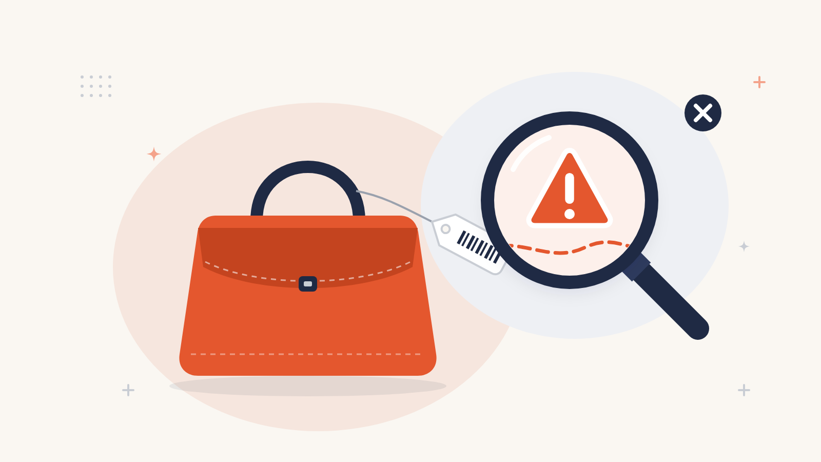 Handbag under a magnifying glass showing a counterfeit warning