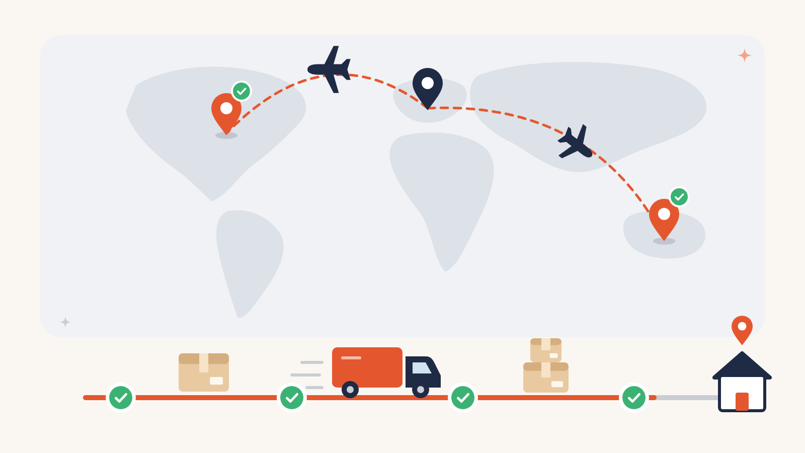 Parcels moving on a world map with tracking checkpoints