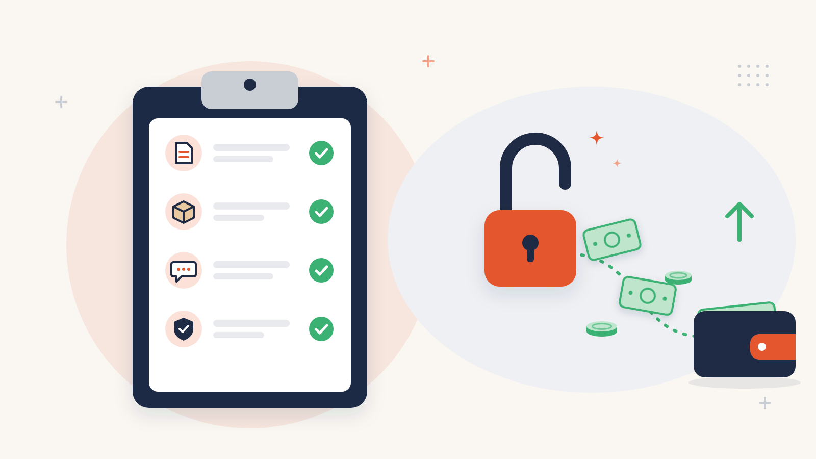 Checklist completed and padlock opening as money flows again