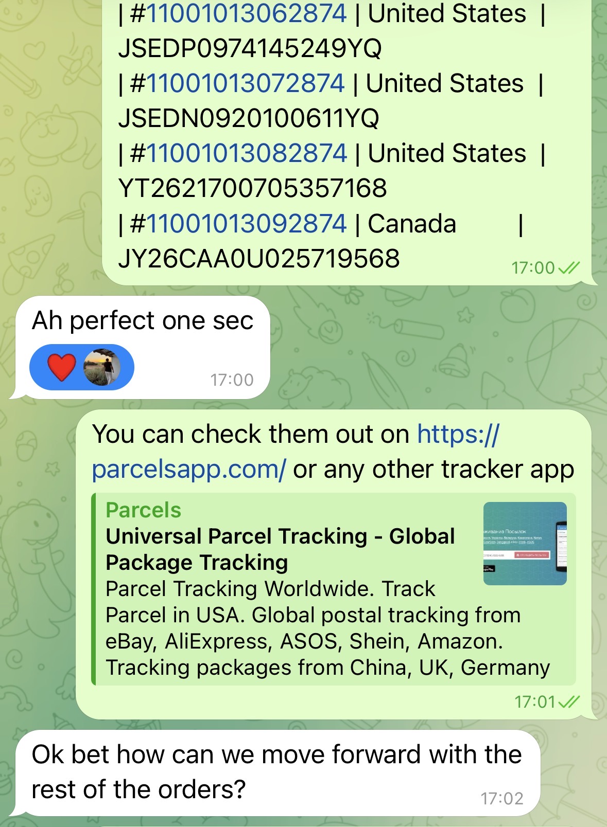 Telegram chat: country-matched tracking numbers shared with a client